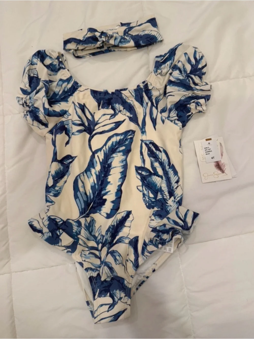 Jessica Simpson Cream One-Piece Swimsuit with Blue Leaf Print and Headband
